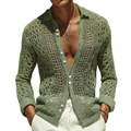 Men's Open-Knit Long-Sleeve Shirt with Lapel Collar