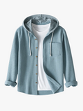 Men's Ribbed Knit Hooded Shirt with Button Front and Chest Pocket