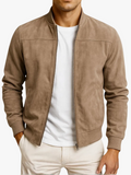 Men's Suede Bomber Jacket with Zip Front and Rib Trim