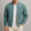 Men's Suede Bomber Jacket with Zip Front and Rib Trim