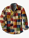 Men's Woven Button-Front Shirt with Patchwork Panels and Chest Pocket
