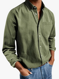 Men's Woven Button-Up Shirt with Spread Collar and Chest Pocket