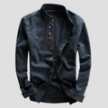 Men's Woven Linen-Blend Shirt with Band Collar and Button Placket