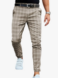 Men's Woven Plaid Pants with Belt Loops and Cropped Tapered Leg
