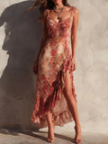 Midi Dress – Asymmetric Floral Ruffle Slit