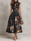 Midi Dress – Black Floral Keyhole Pleated