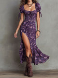 Midi Dress – Purple Floral Puff-Sleeve