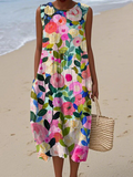 Midi Dress with Floral Print and Sleeveless Crew Neck