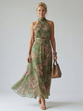 Midi Dress with Halter Neck and Gathered Bodice