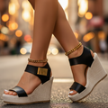 Platform Wedge Sandals with Ankle Strap and Metal Accent
