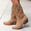 Taren | Pointed-Toe Perforated Western Block-Heel Boots for Women
