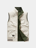 Utility woven vest with zip front and cargo pockets