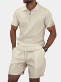 Waffle Knit Polo and Shorts Set with Zip Placket