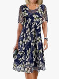 Women's A-Line Woven Midi Dress with V Neck and Elbow Sleeves