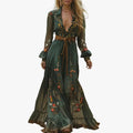 Women's Bohemian Maxi Dress with Embroidered Florals and Waist Tie
