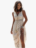 Women's Bohemian Woven Maxi Dress with V Neck and Tassel Tie