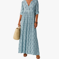 Women's Boho Woven Maxi Dress with Split Neck and Roll-Tab Sleeves