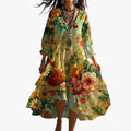 Women's Boho Woven Midi Dress with V Neck and Tiered Hem