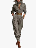 Women's Button-Front Shirt Collar Jumpsuit with Chest Pockets and Self-Tie Belt