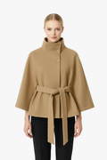 Women's Cape Coat in Felted Textile with Stand Collar and Belt