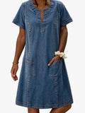 Women's Casual Denim Midi Dress with Notch Neck and Patch Pockets
