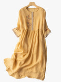 Women's Casual Woven Midi Dress with Embroidery and Button Placket