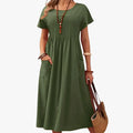 Women's Casual Woven Midi Dress with Pleated Front and Patch Pockets