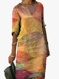 Women's Casual Woven Midi Dress with V Neck and 3/4 Sleeves