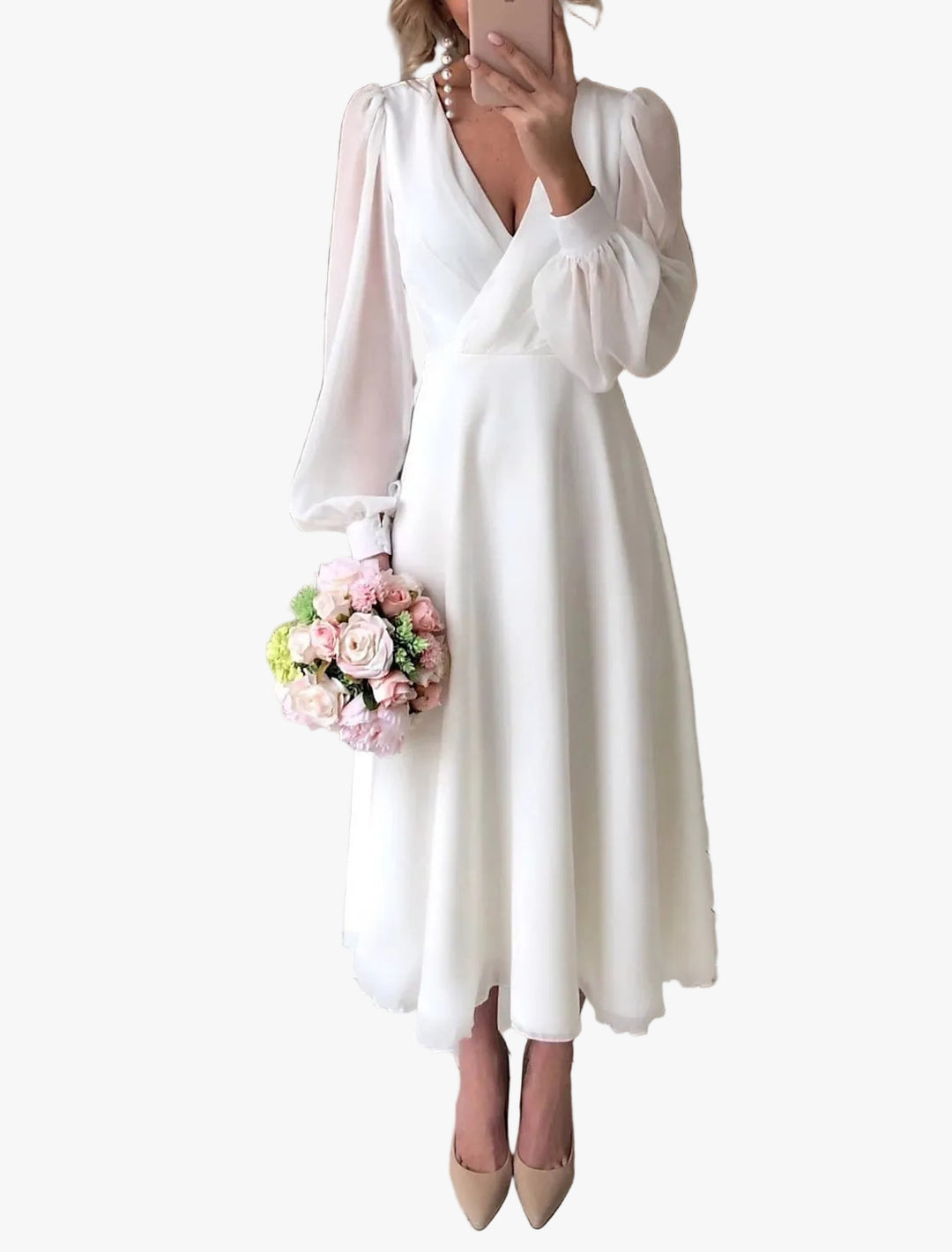 Women's Chiffon Midi Dress with Wrap V Neck and Puff Sleeves – Kate and Wendy