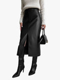 Women's City Midi Skirt in Coated Faux Material with Front Slit