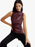 Women's Coated Knit Top with High Neck and Draped Front