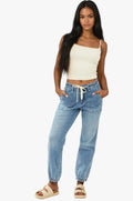 Women's Denim Jeans with Drawstring Waist and Elastic Cuffs