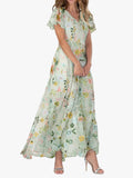 Women's Floral Woven Maxi Dress with V Neck and Flutter Sleeves