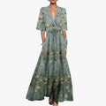 Women's Floral Woven Maxi Dress with V Neck and Pockets