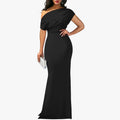 Women's Formal Knit Maxi Dress with One-Shoulder Drape and Ruched Waist
