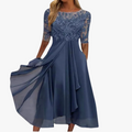 Women's Formal Lace and Mesh Midi Dress with Back Zipper