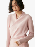 Women's Fuzzy Knit Sweater with Wrap Front and V Neck