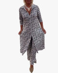 Women's Geometric Print Polyester Set with V-Neck and Side Slits