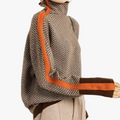 Women's Herringbone Knit Sweater with Turtleneck and Sleeve Stripes