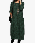 Women's Knit Maxi Dress with Leaf Pattern and Patch Pockets