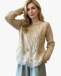 Women's Knit Sweater with Tiered Ruffle Hem and Floral Appliques
