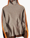 Women's Knit Turtleneck Sweater with Herringbone Pattern and Stripe Sleeves