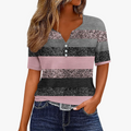 Women's Knit V-Neck T-Shirt with Button Placket and Stripes