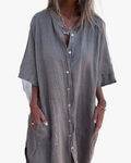 Women's Linen Midi Dress with Button Front and Patch Pockets
