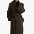Women's Long Blend Coat with Notched Lapels and Tie Belt