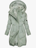 Women's Long Quilted Puffer Jacket with Hood and Zip Placket