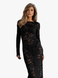 Women's Maxi Dress in Lace with Long Sleeves and Crew Neck