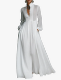 Women's Maxi Linen-Blend Dress with High Collar and Button Front