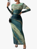 Women's Mesh Maxi Dress with Long Sleeves and Ruched Waist