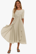 Women's Midi Dress with Lace Bodice and Sheer Elbow Sleeves